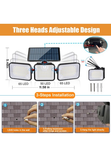 Vkemall Dış Mekan Güneş Enerjili 180 Led İçinimli Duvar Lambası, Üç Ayaçlı Dönüşümlü, Ip65 Su Geçirmez, 400lm, Işık Kontrolüyle Aydınlatma