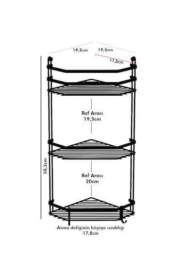 Teknotel Üç Katlı Kancalı Banyo Köşe Rafı Mat Siyah Es076H Siyah