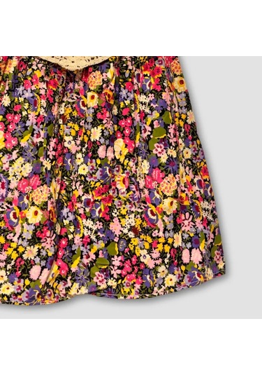 Uretti - Filiz 9248 - Kız Çocuk Örme Kafesli Robalı Çiçek Desenli Elbise 5 Yaş - Bej Çok Renkli