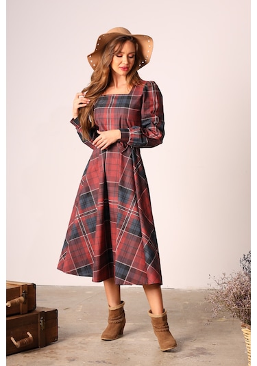 Vintage Kahve Kloş Kare Yaka Elbise