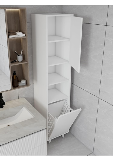 Riva Çamaşır Sepetli Banyo Dolabı Beyaz Renk