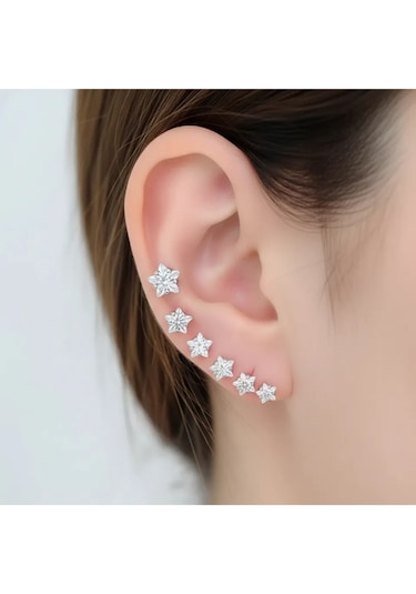 Tektaş Küpe Yıldız Model Tektaş Üçlü Set Küpe Kararmaz Çelik Silver