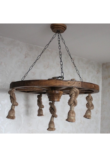 Otantik Çarşı Ahşap Halatlı Teker Avize 70 Cm. 5'Li K03