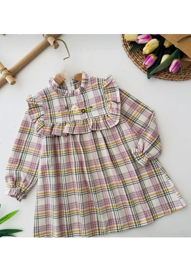 Ekose Çiçek Nakış Detaylı Kız Çocuk Elbise - Yeşil Yeşil