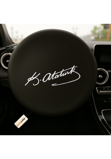 Atatürk İmzalı Siyah Penye Kumaş Direksiyon Kılıfı - Direksiyon Koruma Siyah
