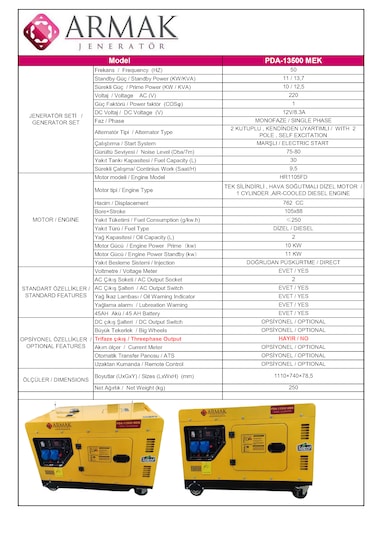 Armak PDA13500MEK 13.7 KVA Dizel Monofaze Kabinli Portatif Jeneratör
