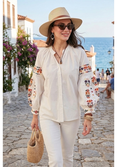 Lela Nakış Işlemeli Pamuklu Oversize Fit V Yaka Bayan Gömlek 676253 Ekru