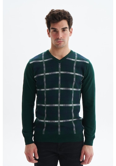 Arma Erkek Slim Fit Likralı Akrilik Kumaş V Yaka Kareli Kazak K0kro0860 Yeşil