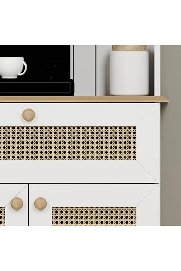 Lucas 2 Kapaklı Çekmeceli Sarı Hasır Desen Kahve Köşesi Çok Amaçlı Mutfak Dolabı-açık Ceviz & Beyaz Beyaz - Açık Ceviz