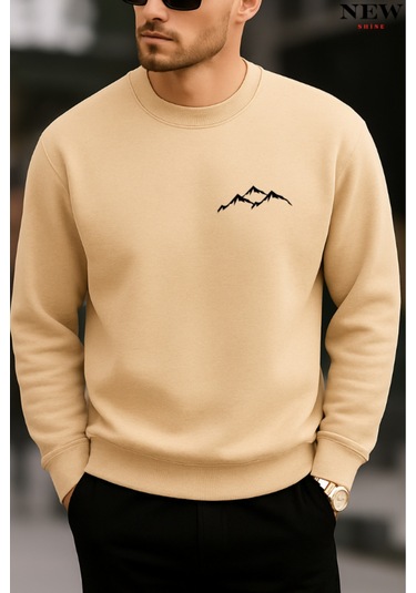 Dağ Baskılı Bisiklet Yaka Sweatshirt Taş Rengi