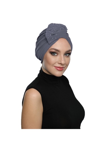 Kristal Yelpaze Taş İşlemeli Çift Taraflı Astarlı Hazır Koyu Gri Türban Tesettür Abiye Bone