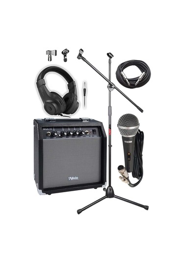 Midex Mga-35bk-pak Elektro Gitar Amfisi Seti 35 Watt Gain Özellikli Amfi Mikrofon Stand Kulaklık Jack Kablo