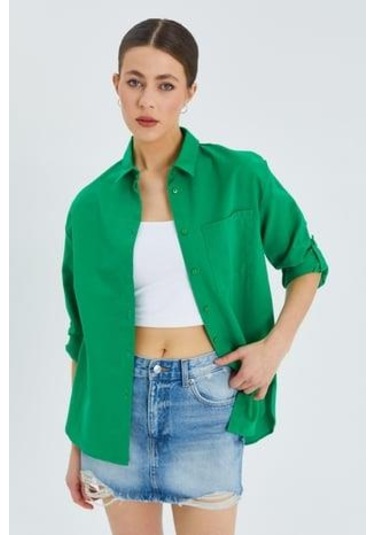 9942 Kadın Oxford Uzun Kol Basic Gömlek Yeşil Yeşil
