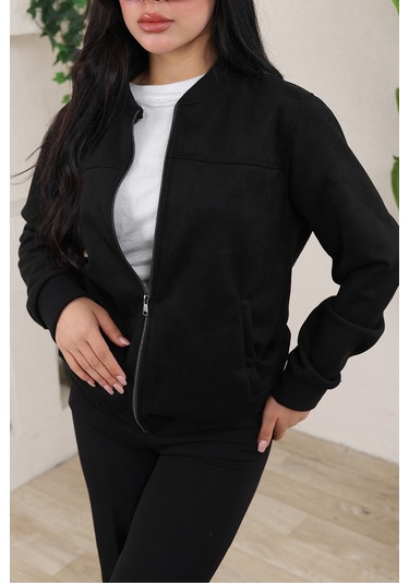 Bomber Kolej Su Geçirmez Ceket Siyah Süet