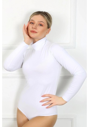 Giyim Bayan Uzun Kol Boğazlı Çıtçıtlı Body Beyaz Beyaz