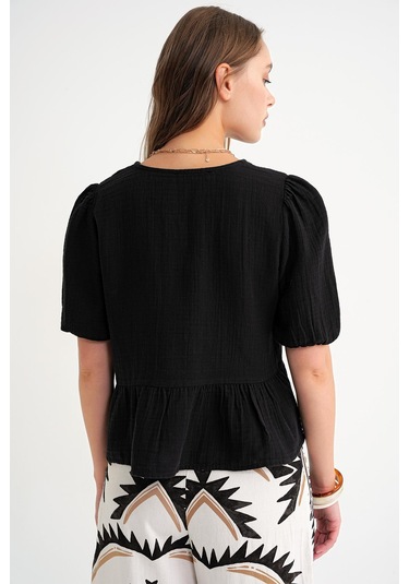 4713 Kadın Beli Büzgülü Kolu Lastikli Bol Müslin Bluz Siyah Siyah