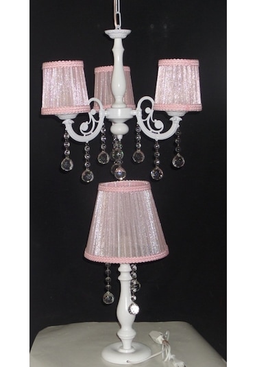 Pembe Çocuk Odası Taşlı 3 Kollu Avize Abajur Seti