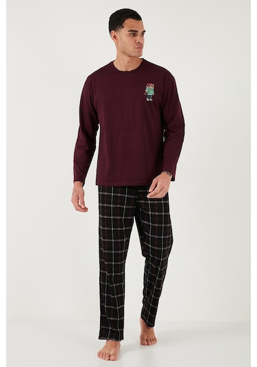 Buratti Ekoseli Regular Fit Yüksek Bel Cepli Bisiklet Yaka Erkek Pijama Takımı 6574002 Siyah-Bordo