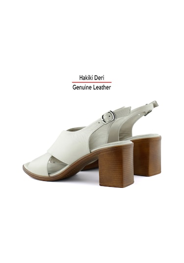 Erkan Saçmacı Soleil Vizon Hakiki Deri Çapraz Bantlı Kalın Topuklu Sandalet Vizon