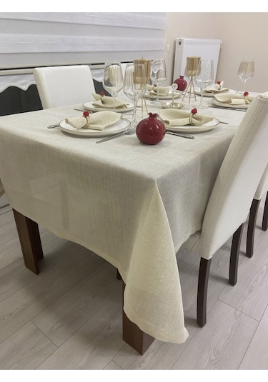 Keten Görünümlü Simli Linen Masa Örtüsü Gold 13 Parça