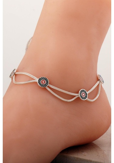 Anadolu Motifli Mineli Elişi Hasır Gümüş Halhal 378 Gümüş