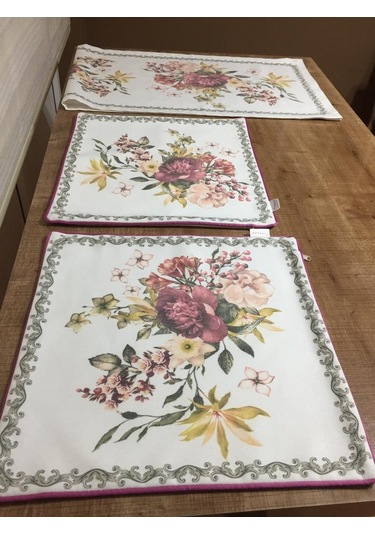 Çiçekli Duck Bezi Leke Tutmaz Runner ve İkili Kırlent