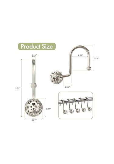 12 Adet Duş Perdesi Kancaları, Metal Dekoratif Duş Perdesi Kancaları Paslanmaz, Duş Perdesi Astarı İçin Nikel Duş Kancaları Gümüş