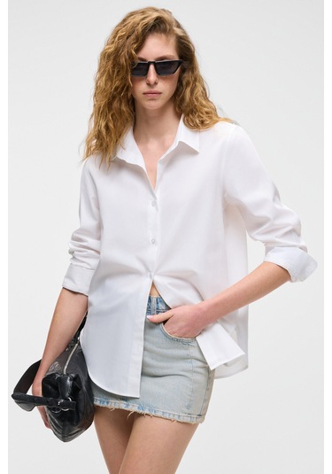 DELFINO Kadın Oversize %100 Organik Pamuk Uzun Kollu İnce Uzun Beyaz Gömlek