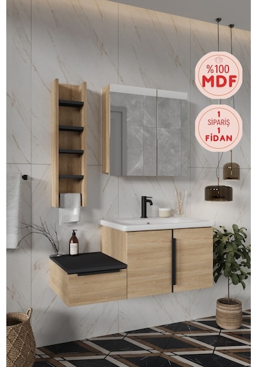 Zakkum 100 Cm %100 Mdf Lavabolu Banyo Dolabı Lefkas Meşe