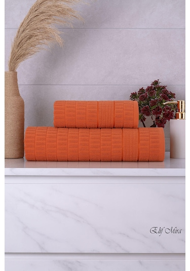 Banyo Havlu Seti %100 Pamuk 2 Parça 50 90 + 90 150 Cm Soft Comfort Turuncu