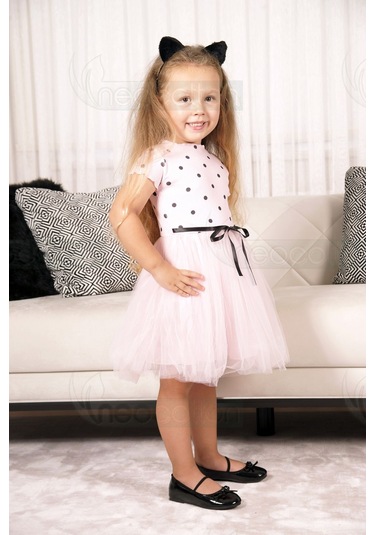 Puantiyeli Kız Çocuk Kısa Kollu Doğum Günü Ve Özel Günler İçin Tüllü Elbise Kısakol-pembe Pembe