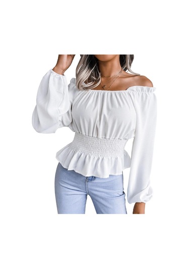 İlkbahar Ve Sonbahar Kadın Bluz Uzun Kollu Seksi Tek Boyun Straplez Hem Fırfır Şifon Bluz Tops Şarap Kırmızısı