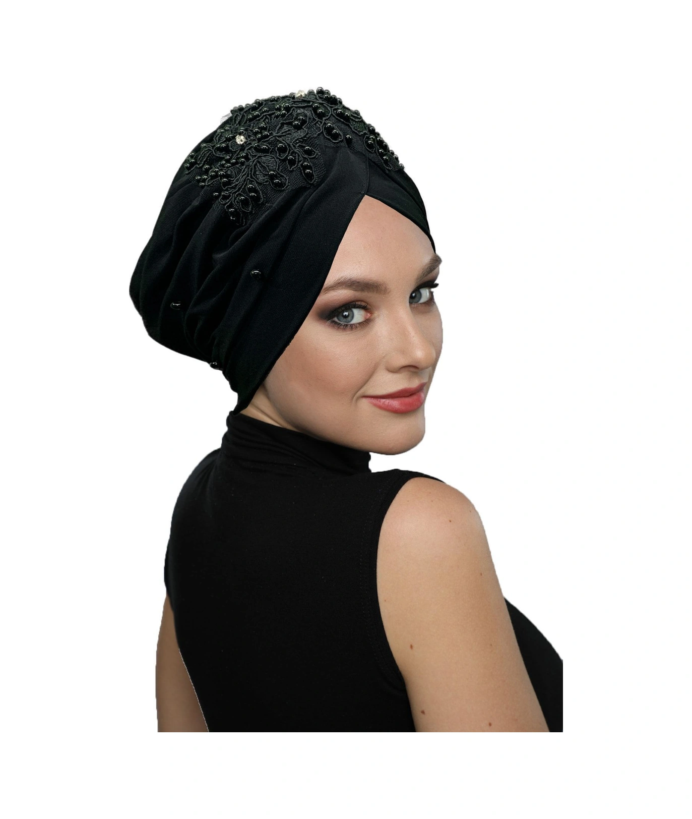 Kopma Astarlı Işlemeli Siyah Dantel Motifli Hazır Türban Tesettür Abiye Bone Siyah Dantel