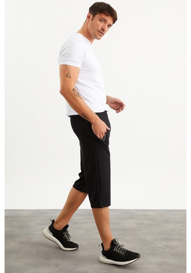 201762 Cep Nakış Detaylı Siyah Erkek Kapri-Siyah