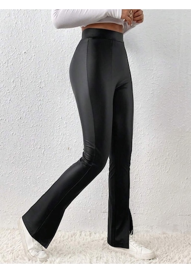 Kadın Yüksek Bel Önden Yırtmaçlı Deri Tayt Siyah