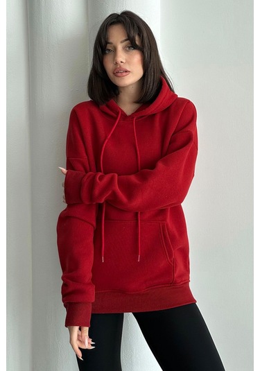 Kadın Kırmızı Do What Makes You Happy Baskılı Oversize Kapüşonlu Sweatshirt Kırmızı