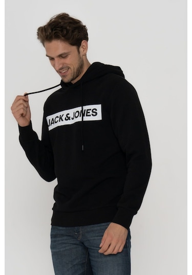 Jack & Jones Erkek Logo Baskili Kapüsonlu Sweatshirt - Minder 12214643 Black Koyu Yeşil