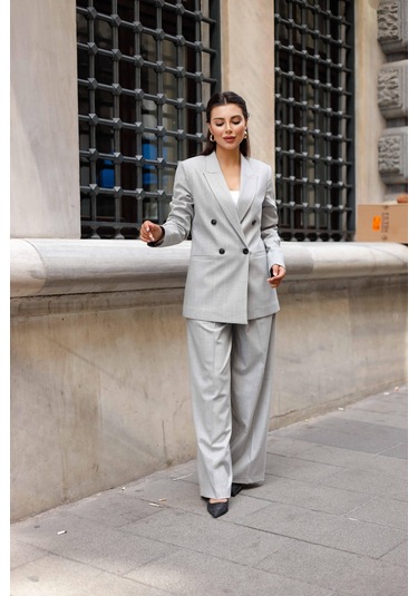 4 Düğmeli Kruvaze Geniş Çizgili Takım Açık Gri Açık Gri