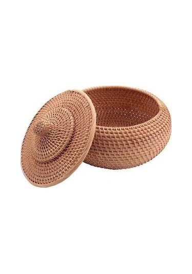 Bosphorusboutique02 Yuvarlak Rattan Sepet, Kapaklı Hasır Meyve Ekmek Kutusu, Rustik Atıştırmalık Kase Diğer