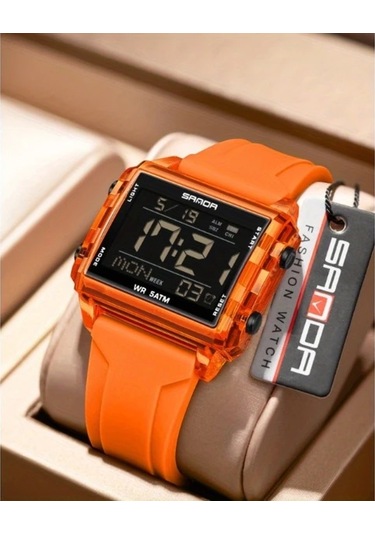 Primepickings Sanda Erkek Digital Saat Kronometre Alarm 5atm Su Geçirmez Transparent Turuncu Diğer