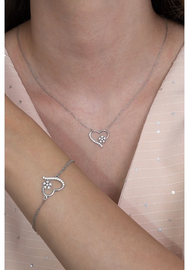 Gümüş Kalp Kar Tanesi Kolye Ve Bileklik Seti Taşlı Wss09