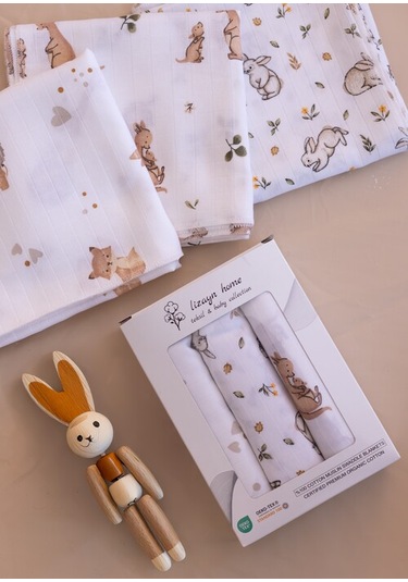 Çok Amaçlı Müslin Örtü & Battaniye 3'lü Set Pamuk Oeko-teks Sertifikalı 80x80 Cm Beyaz - Kahverengi