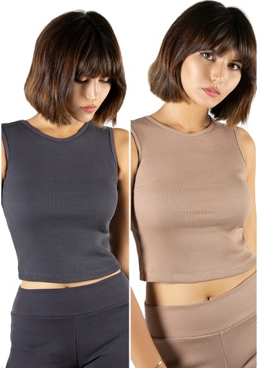 2'li Paket Antrasit Bej Fitted/vücuda Oturan Crop Halter Yaka Fitilli Esnek Örme Bluz Atlet Antrasit-bej