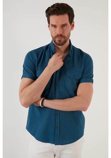 Buratti Düğmeli Yaka Pamuklu Slim Fit Cepli Erkek Gömlek Cf21S111153 Indigo