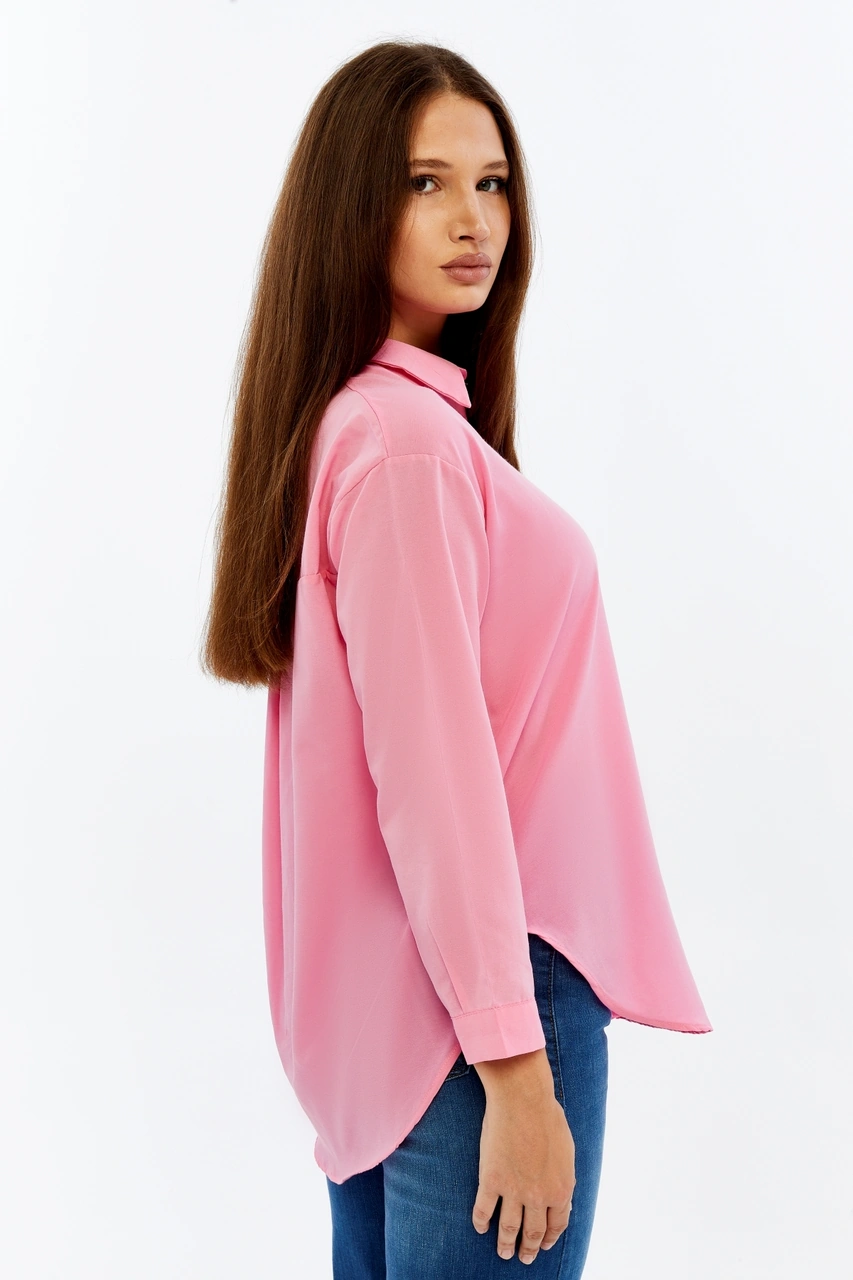 Kadın Uzun Kollu Düğmeli Basic Gömlek Pembe Rahat Kalıp Günlük & Ofis Şıklığı Pembe
