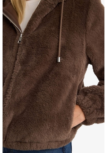 Defacto Regular Fit Polar Astarlı Kapüşonlu Fermuarlı Suni Kürk F2148ax25wnbn500 Kahve