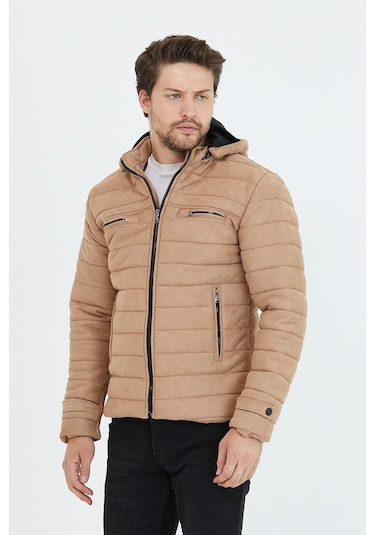 Erkek Vizon Dar Kesim Kapüşonlu Kalın Kumaş Süet Mont Vizon