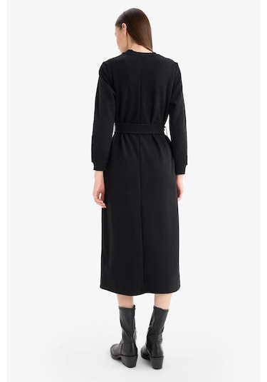 DeFacto Bisiklet Yaka Basic Düz Selanik Kumaş Midi Elbise F4154AX25SPBK81