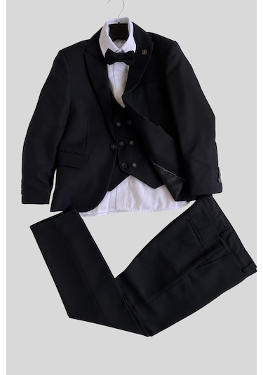 Yeleği Katlamalı Ceketli Rozetli Takım Elbise Siyah Siyah