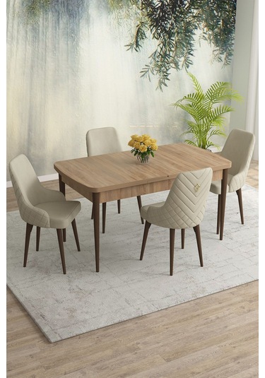 Meri Serisi 80x132 Açılabilir Mdf Meşe Masa Takımı 4 Lacivert Sandalye Kahve Ayak Krem